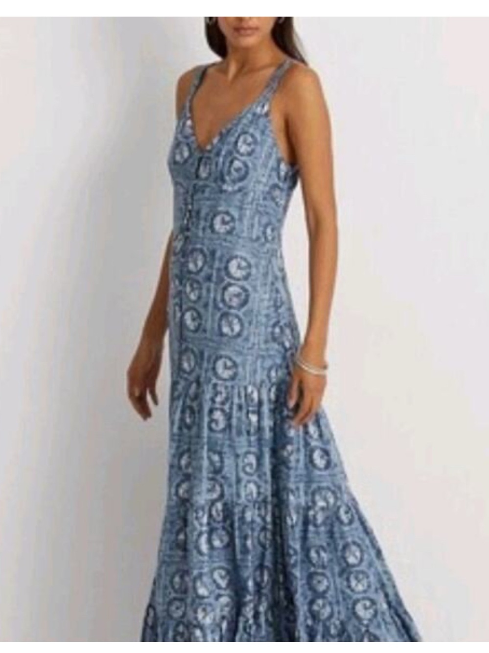Ralph Lauren Linen Drop Waist Sleeveless Maxi Dress Blue Sand Dollar Print